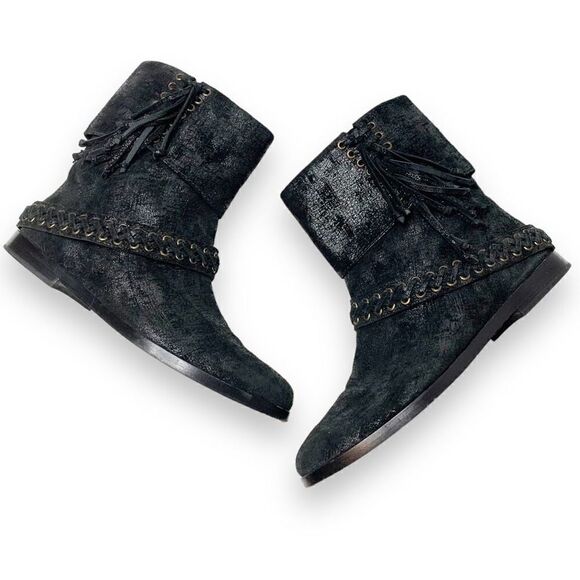 Balmain Black Metallic Shimmer Suede Western Fringe Boots Women’s Size 38.5 US 8 - Picture 7 of 10